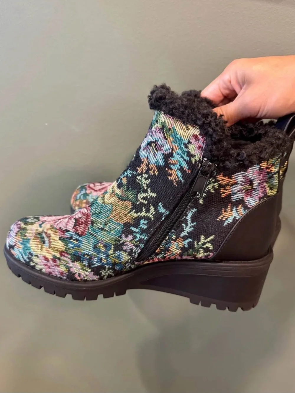 Muk Luks Floral Knit Ankle Boots with Faux Fur Trim - Black/Multi